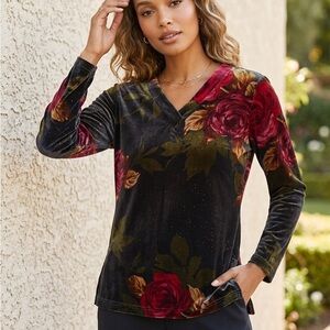 Oscar de la Renta Black and Red Floral Velvet Top